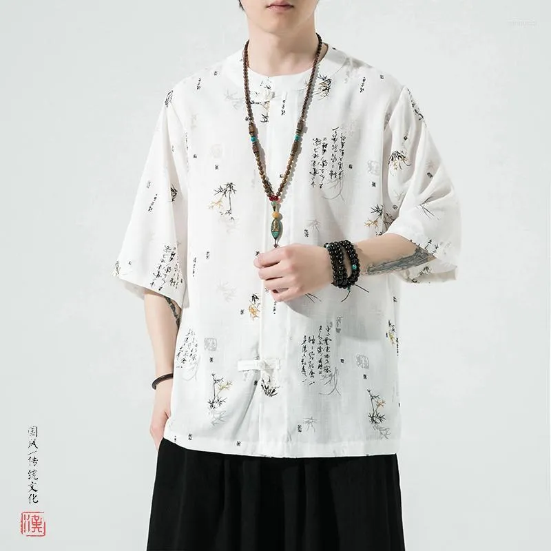 Camisas informales para hombre, camisa de manga corta de seda helada para hombre chino, camiseta estampada Vintage de verano, Tops Tang Suit Wushu Tai Chi