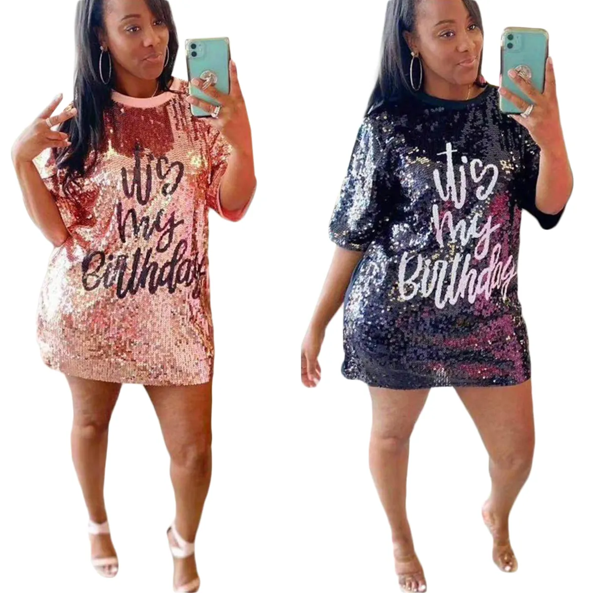 Robe d'anniversaire à paillettes scintillantes pour femmes, tunique décontractée à col ras du cou, style Hip Hop, livraison gratuite