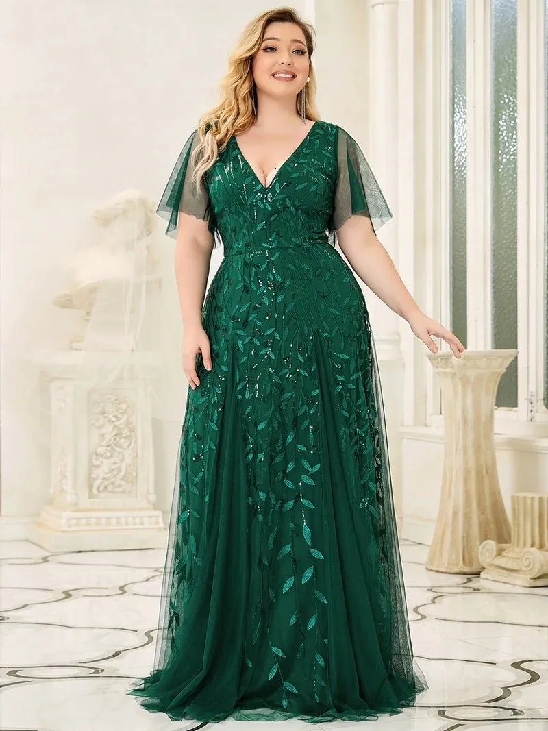 Party Dresses Plus Size Evening Dresses Long A LINE V Neck Half Sleeves Floor Length Gown Ever Pretty of Dark Green Prom Women Dress 230223