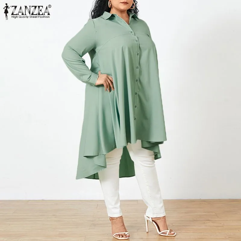 Kvinnors plus-storlek t-shirt zanzea plus size kvinnor asymmetrisk blus höst långärmad solid skjorta mode lapel nackknappar ner långa toppar tunika blusa 230224