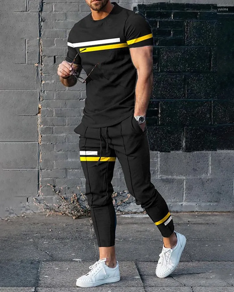 남자 트랙 슈트 남자의 여름 세트 프린지 컬러 트렌드 짧은 슬리브 티셔츠 바지 2pcs 정장 3D 프린트 대형 의류 스트리트웨어