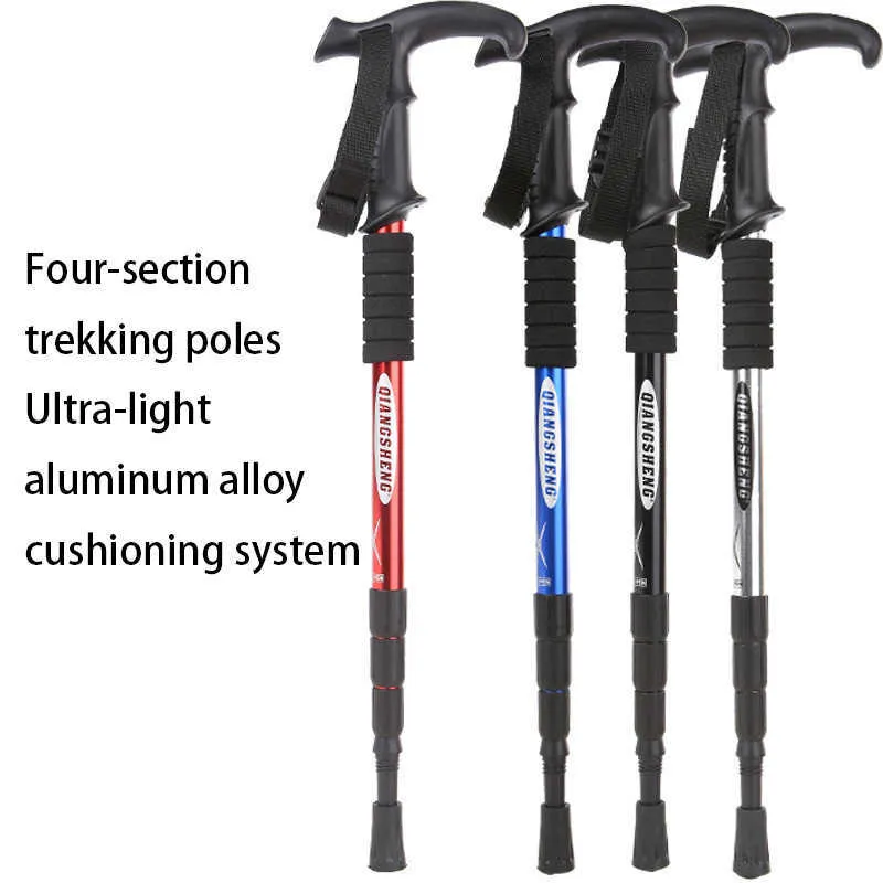 Trekking Poles Foursection Tandle Trekking Pole Outdoor Travel Cane Climbing Pole Aluminium Alloy Telescopic Pole Handing Walking Stick J230224