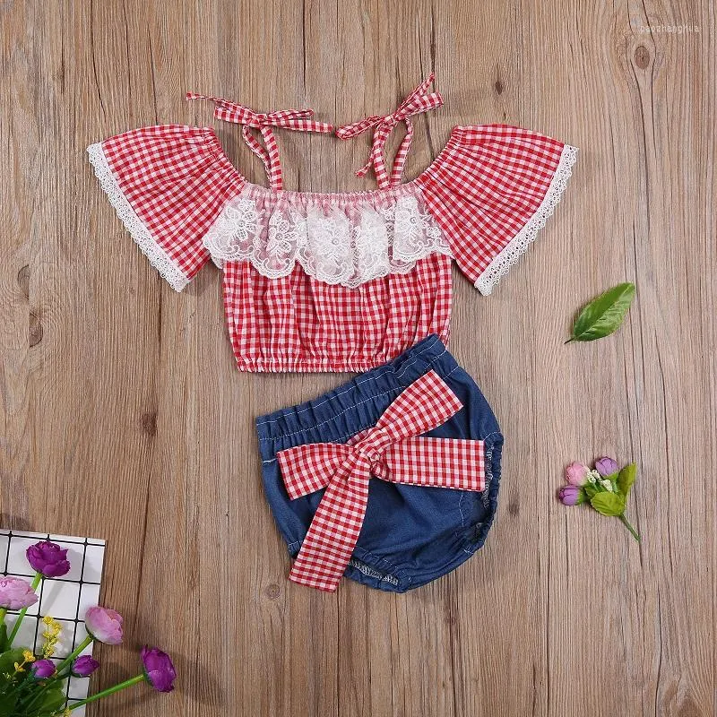 Kläderuppsättningar 0-18m född baby flicka av axelremmen Plaid Crop Tops Bow Denim Shorts Bloomers 2st.