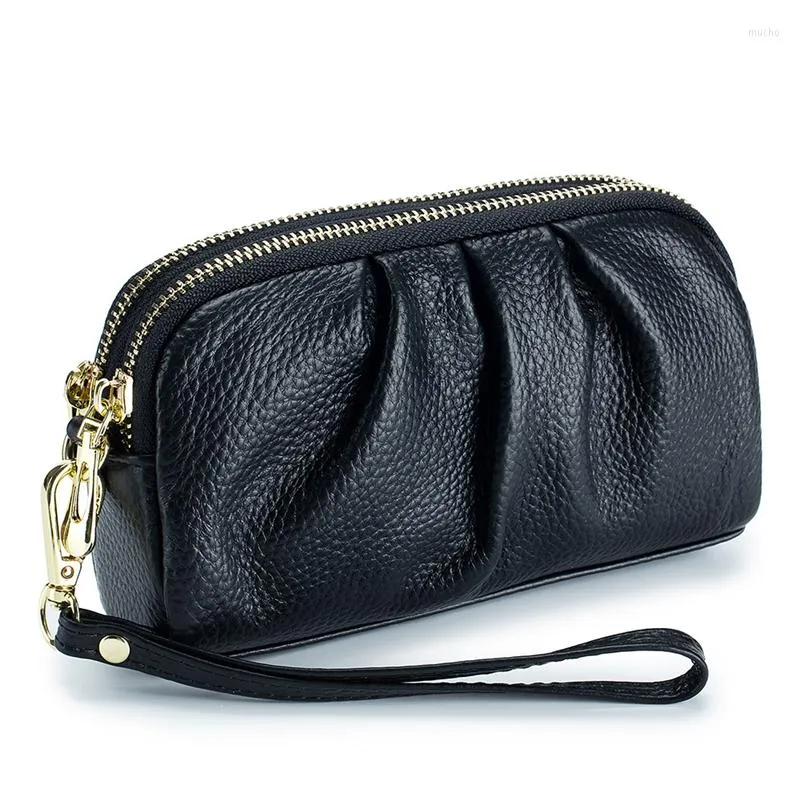 Carteiras de Couro Genuíno Feminino Carteira Clutch Plissada Elegante com Zíper Duplo Bolsa de Moedas de Grande Capacidade Pulseira Bolsa de Telefone de Cor Sólida