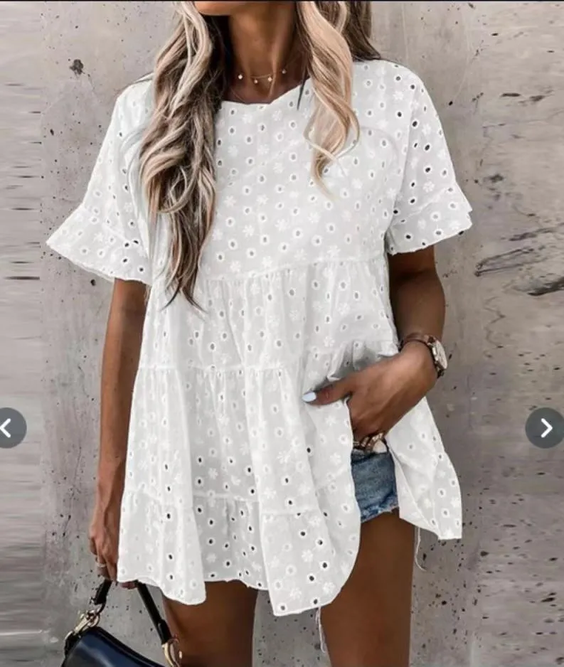 Women's Blouses & Shirts Summer Women Befree Sexy Short Sleeve Loose Elegant Cotton Line Hole Casual Big Large Pluse Sizes Tops Blouse