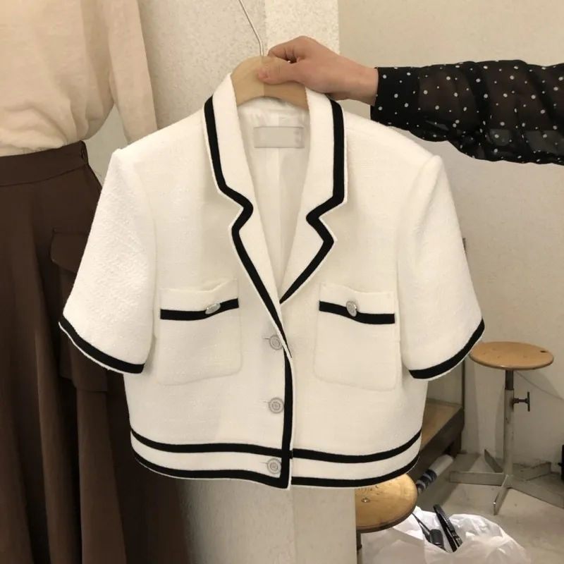 Femmes Vestes Tempérament Coréen T Blanc À Manches Courtes Veste Crop Mode D'été Mince Noir Costumes Laine Cardigan Top 230223