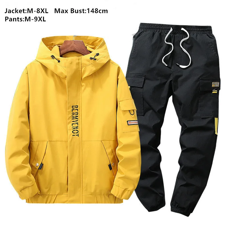 Erkeklerin Trailtsuits Sonbahar 6xl 7xl 8xl Erkekler Ceket Hoodies 2 İki Parça Set Spor Kargo Pantolonları Siyah Artı Boyut Boyut Erkek Gevşek Palto Pantolonları 230224