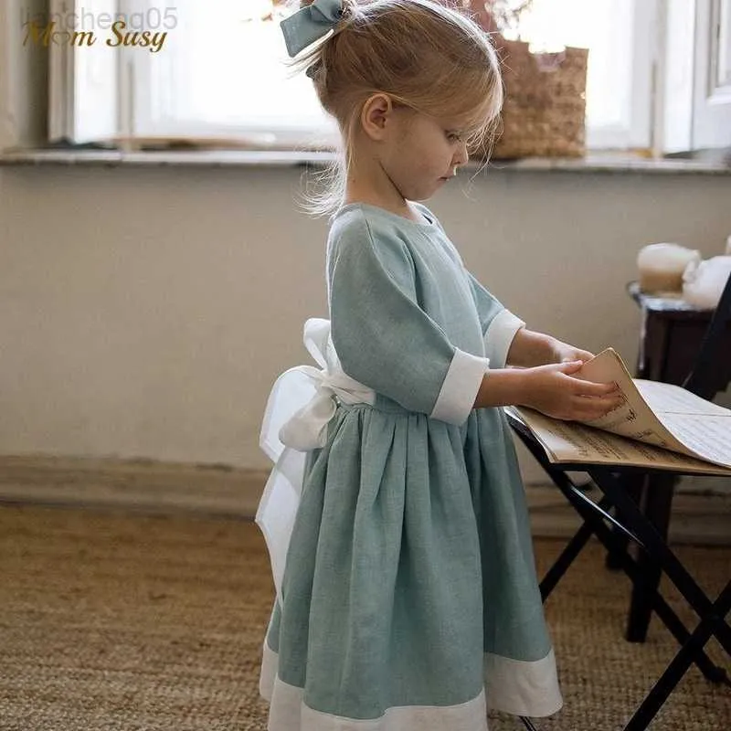 Sukienki dziewczynki dziewczynka księżniczka lniana sukienka z długim rękawem Bow Bowler Toddler Girl Vintage Vestido Party Birthday Ubrania dla dzieci 1-7y W0224