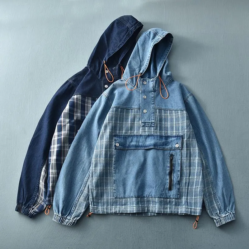 Herrjackor Autumn Japanese Style Hooded Pullover Denim Plaid Jacket Fashion Pure Cotton Washed Old Par Loose Casual Coatmen ''