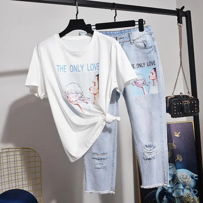 Tvådelt klänning sommar mode kvinnor 2pc paljett bokstav tryck vit t-shirt hål jeans byxor set casual bomull tee skjorta femme denim kostym fe