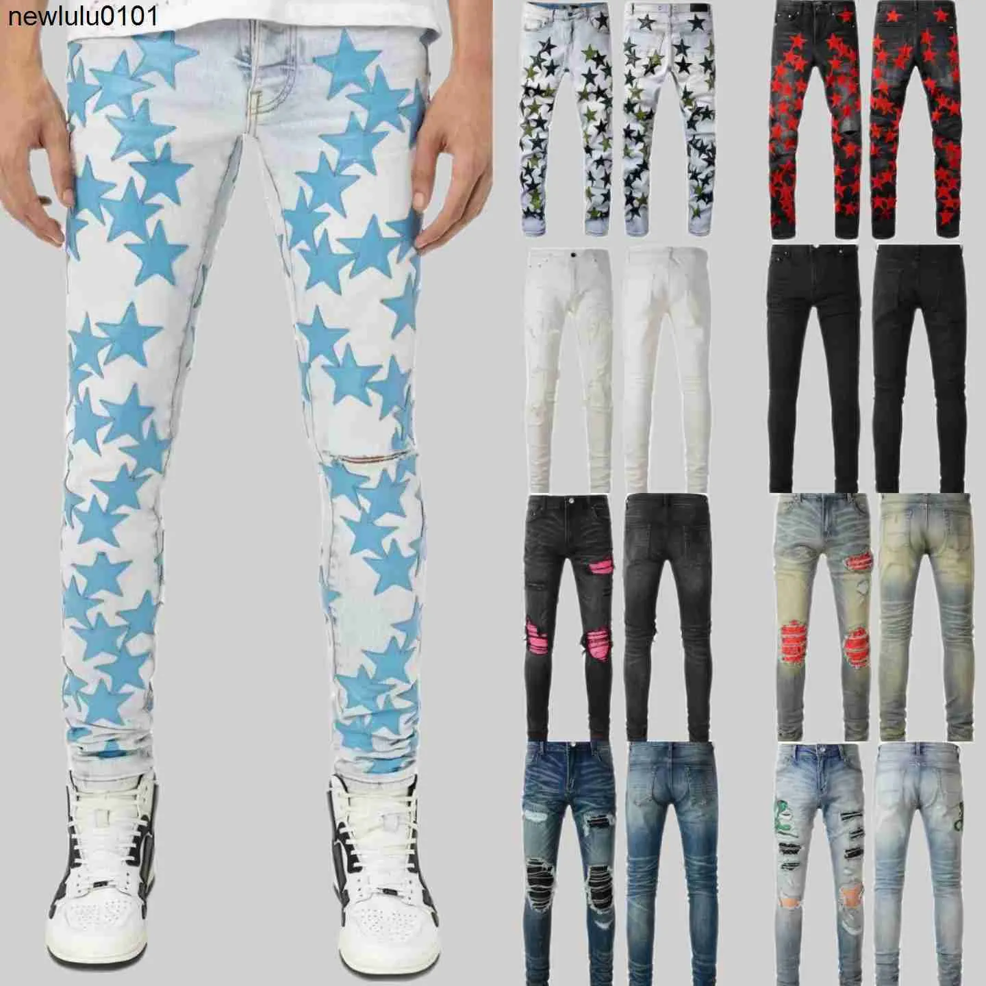 Jeans firmati da uomo Jeans paige patchwork slim Pantaloni amirs con motivo a stelle denim Lettere Strappate Tattered Knee Ripped for Man Skinny Straight