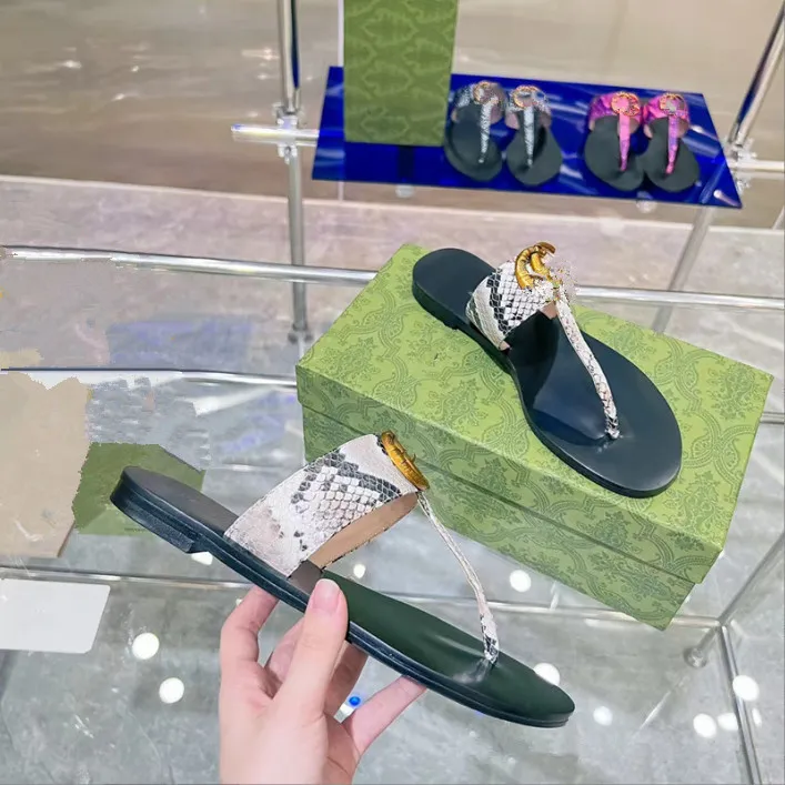 designer slides Women flip flops Leather Slippers Women sandal with Double Metal buckle serpentine leather slipper