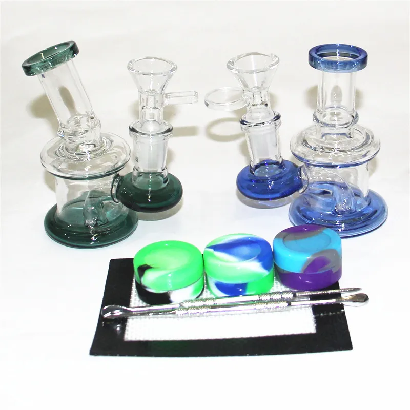 4.5 pulgadas 14 mm Mini vidrio Bongs de agua Grueso Pyrex Colorido Vaso para fumar Reciclador Dab Rigs Bong Con recipiente de vidrio 4 mm Cuarzo Banger