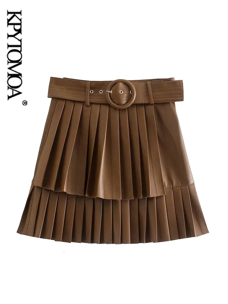 Skirts KPYTOMOA Women Fashion With Belt Faux Leather Pleated Mini Skirt VIntage High Waist Side Zipper Female Mujer 230224