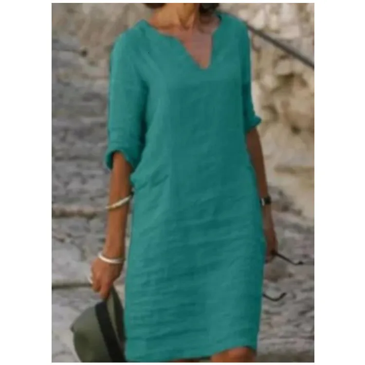 Robes Decontractees En Lin En Coton Manche En V V. Robe Midi Lache Pour Femmes Robe De Plage Dete Vert Bleu Jaune Du 11 79 DHgate