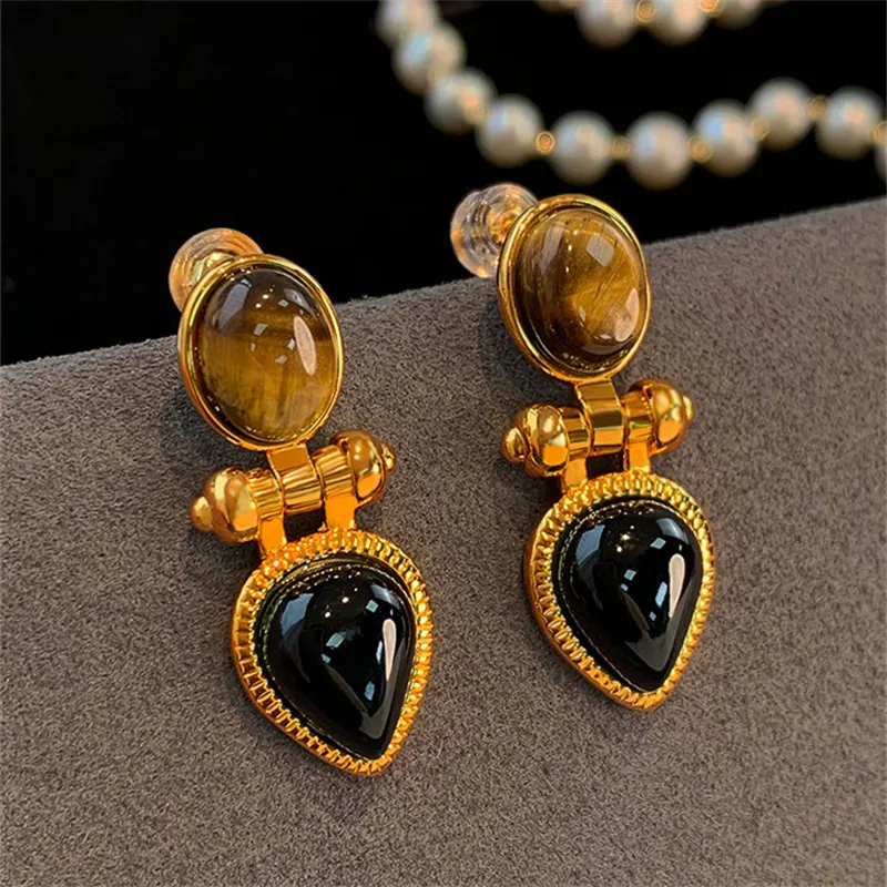 French Vintage Stud Natural Water Drops Tiger Eye Stone Agate Earrings Women Niche Design High Quality Jewelry Accessories