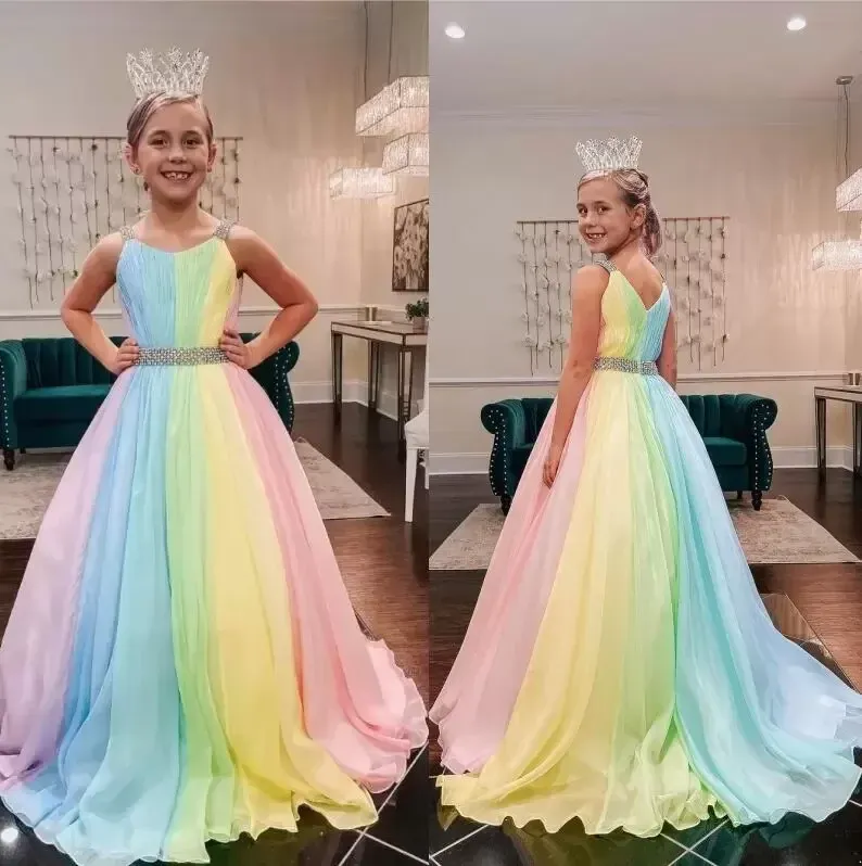 Gökkuşağı Şifon Küçük Kız Pageant Elbiseleri 2022 Kayışlar Neck Girls Proms Fermuar V Arka Kolsuz A-line Uzun Çocuklar Resmi Parti Doğum Günü Prenses 2023