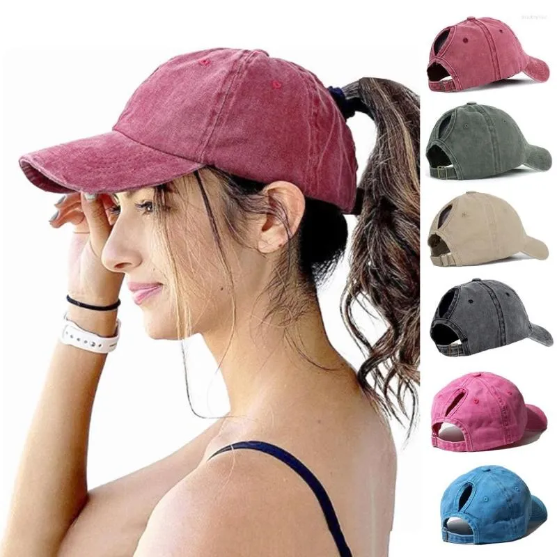 Bollmössor 2023 Vintage Baseball Cap Women Girls Pure Color Soft Washed Cotton Summer Woman Hat Messy High Bun