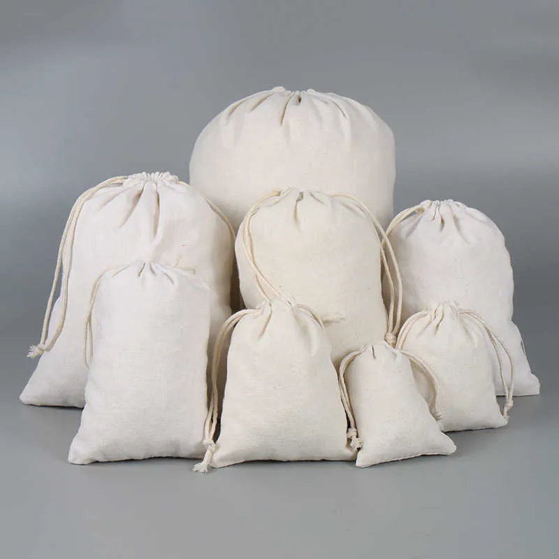 100 Uds. Bolsa de algodón de lino dibujable bolsas de regalo de boda bolsas al por menor bolsa con cordón embalaje de joyería decoración de Navidad