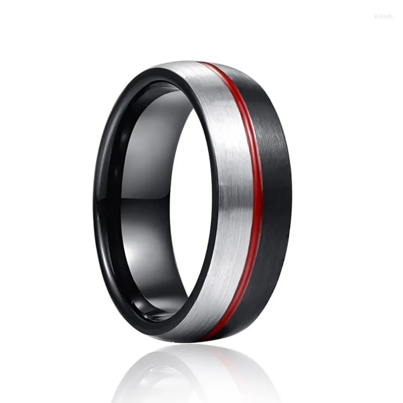 Anéis de casamento nuncad 8mm preto cor prata aço cola vermelha tungstênio groove anel de anel de groove homem inoxidável