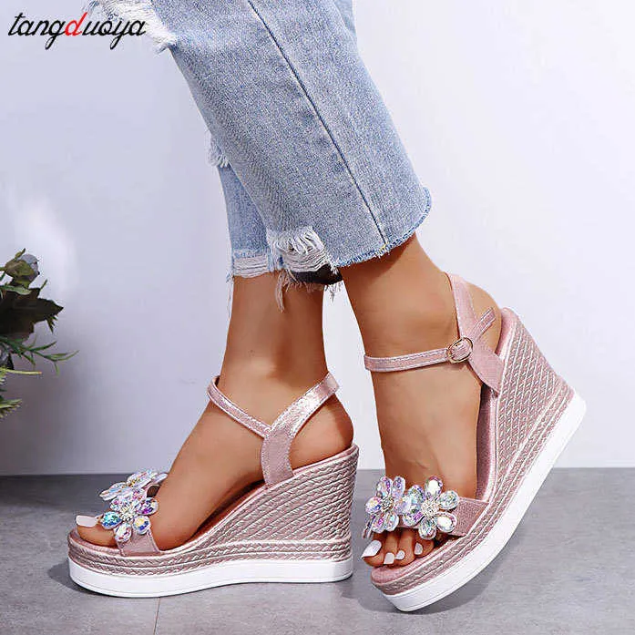 Sandals New Female Ankle Strap Buckle Rhinestone Crystal 2023