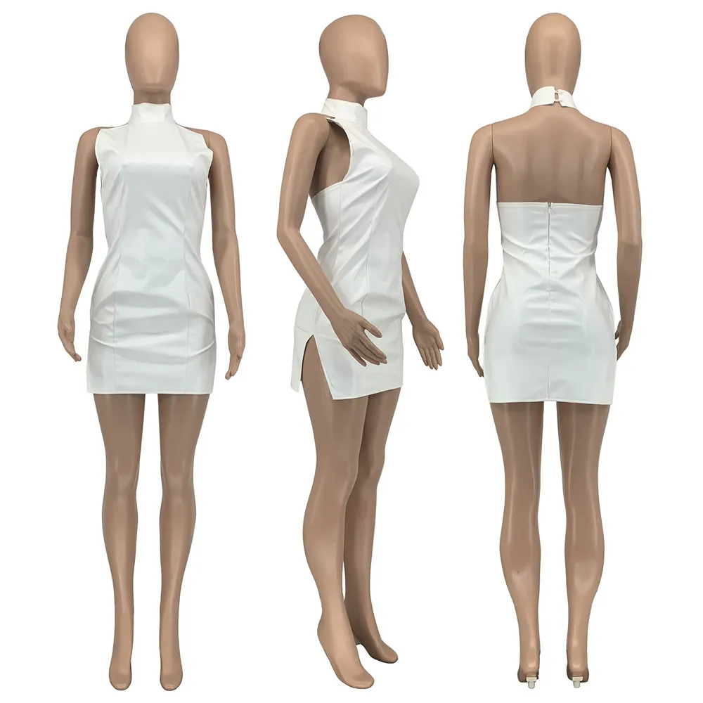 Designer sexy lederen jurken zomerkleding vrouwen backless PU bodycon jurk vrouwelijke mouwloze split mini-jurk nachtclub feestkleding groothandel artikelen 9327