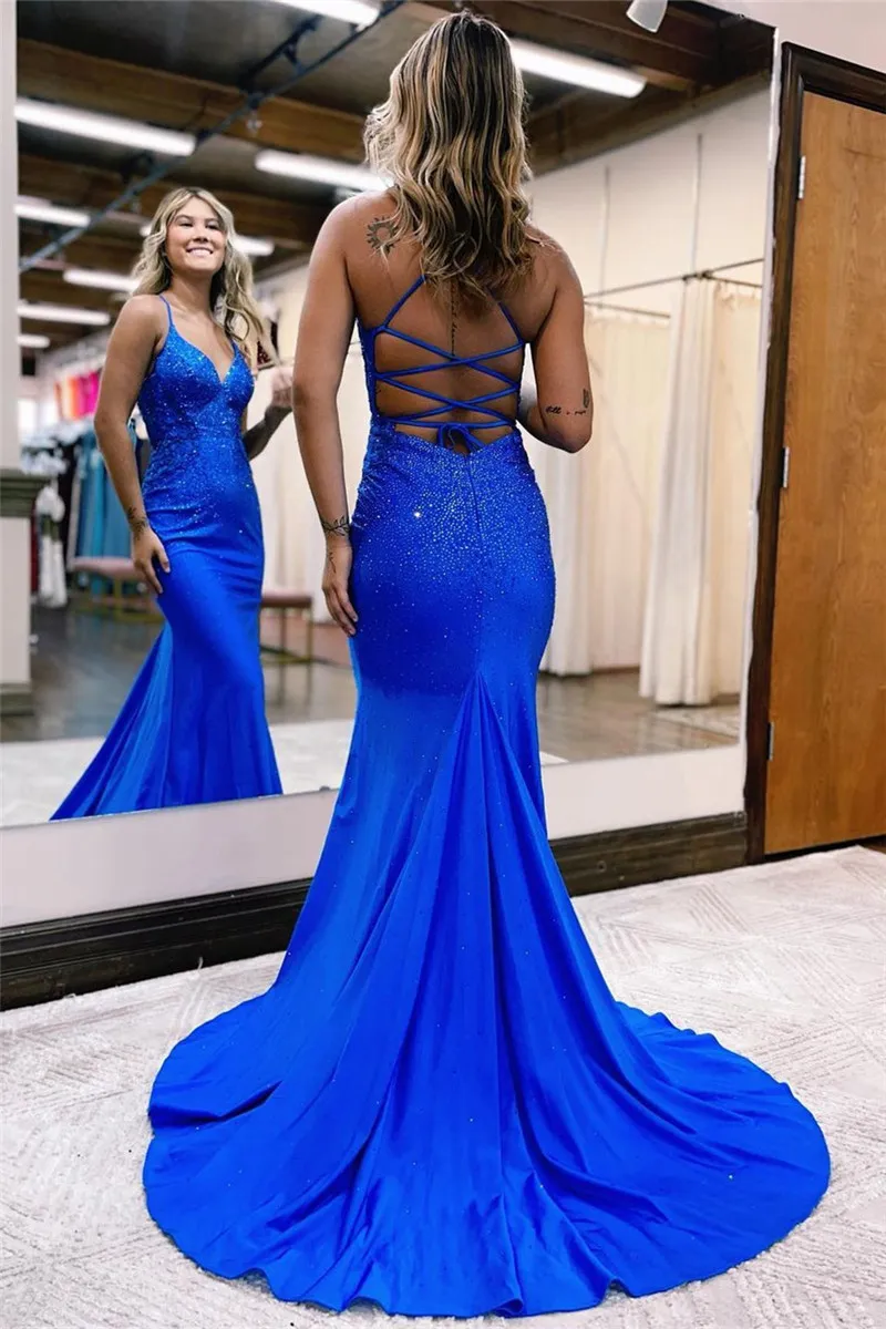 Royal Blue Mermaid Prom Dresses Sexy Spaghetti Straps Backless Beads Sequins Evening Gowns For Teens Graduation BC15118