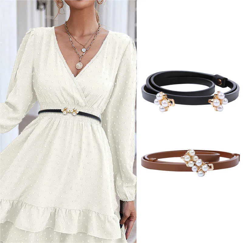 Belts New Pearl PU Leather Thin Women Belt Elegant Pearl Hook Buckle Waist Belt Lady Dress Decoration Female Waistband Z0223