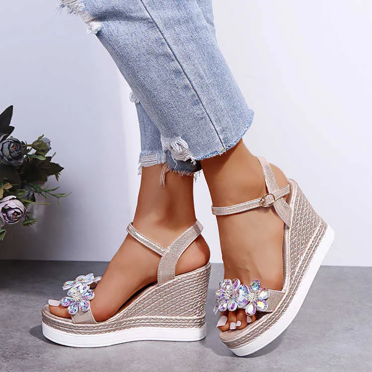 Sandals New Female Ankle Strap Buckle Rhinestone Crystal 2023