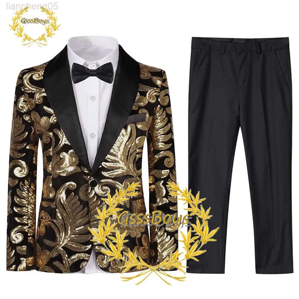 衣料品セット男の子の結婚式のタキシードプリントジャケットパンツ2ピースカスタムファッション服の子供たちのフル衣装