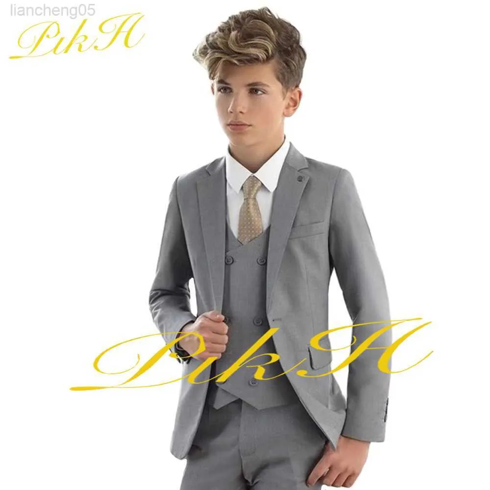 Kleidungssets Grauer Anzug für Jungen Formale Partyjacke Hosenweste Dreiteilig 3-16 Jahre alt Hochzeit Smoking Kinder Blazer Kinderset W0224