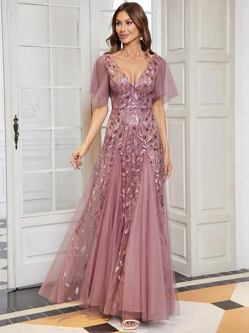 Party Dresses Elegant Evening Dress Romantic Shimmery V-Neck Ruffle Sleeves Ever Pretty of Orchid Chiffon Maxi Long Evening Gowns 230223