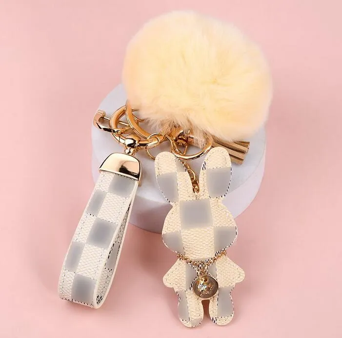 Bunny Design Key Chains Ring Pompom Ball Rabbit Bag Pendant Charm Keyring Buckle Gift Jewelry Accessories PU Leather Brown Flower Animal Lanyard Car Keychain Holder