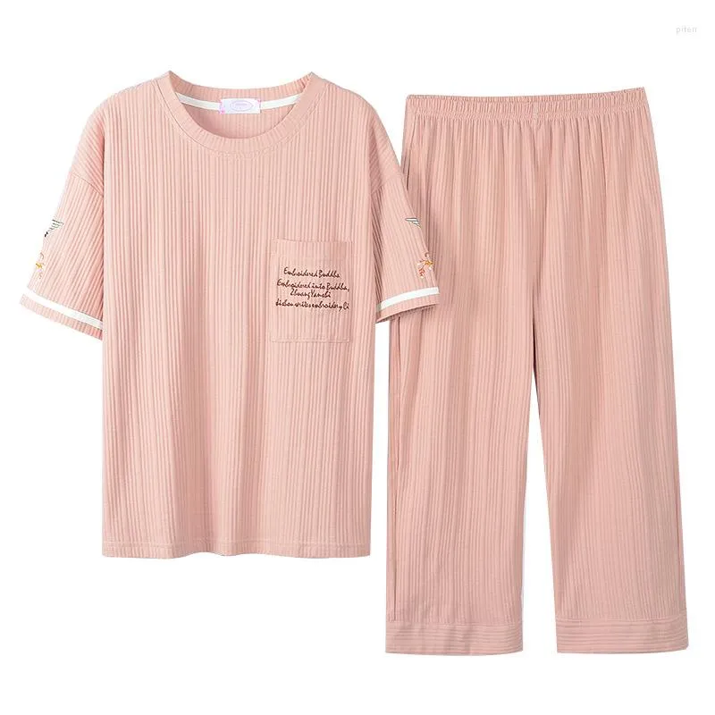 Kvinnors sömnkläder kvinnor rosa pyjamas sätter 2st bomull pyjamas tryckbrev strips sömn kostym nattkläder sommarlounge hem slitage m-xxl