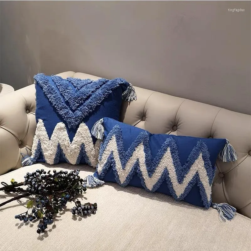 Yastık geometrik dekoratif boho lomber yastık kılıfı püsküllü püskül mavi kapak pamuk atış kapakları kanepe kanepe için