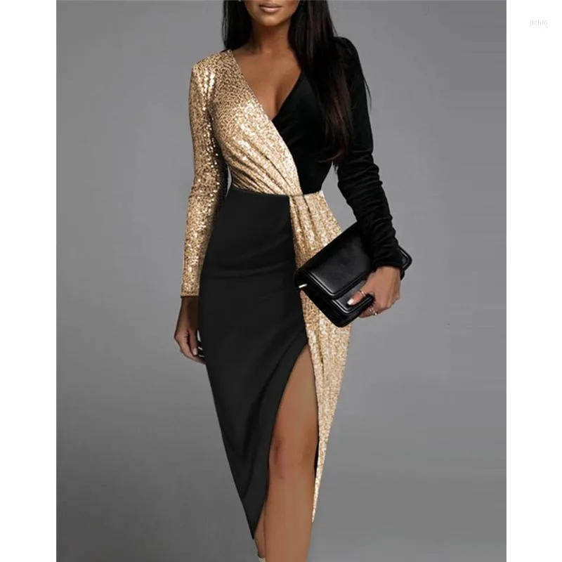 Casual Dresses Contrast Sequin Split Thigh Velvet Party Dress Women Sexy Long Sleeve V Neck High Waist Corset Cocktail Evening