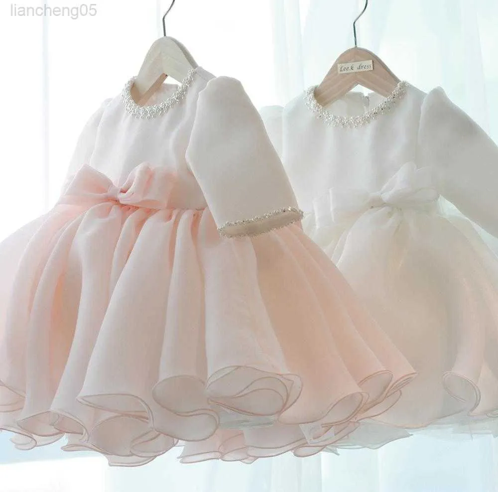 Mädchenkleider Langarm Baby Mädchen Kleider Perlen Schleife Taufkleid für Prinzessin 1 Jahr Geburtstag Party Hochzeitskleid Baby Taufkleidung W0224