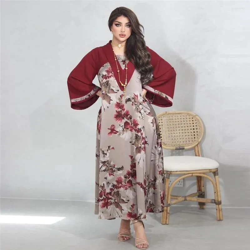 Vêtements ethniques Abayas Musulman Floral Imprimer Femmes Maxi Robe Kaftan À Manches Longues Arabe Abaya Islamique Robe Moyen-Orient Dubaï Turquie Soirée
