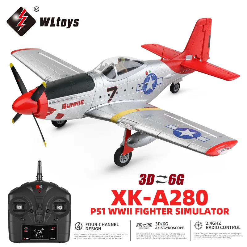 Elektriska RC -flygplan WLTOYS XK A280 Plan 2 4G 4CH 3D6G -läge P51 Fighter Simulator med LED Searchlight Airplane Toys for Children 230224
