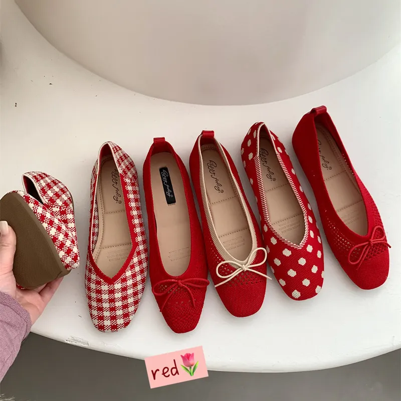 Elbise Ayakkabı Bailamos Kadın Retro Flats Fransız Kırmızı Bale Yay Örgü Tembel Büyükanne Sığ Ağız Yumurta Rulo Kepçe Soafers Mujer 230224