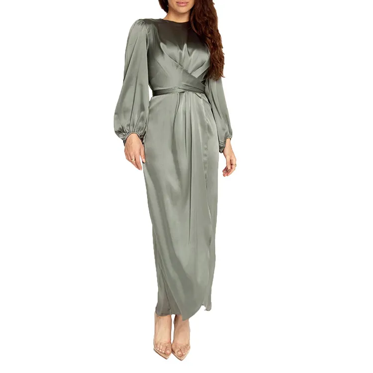 Ethno-Kleid für Frauen, grün, arabisches Kleid, klassischer Rundhalsausschnitt, elegante Taille, Mode, edel, kleine Laterne, Ärmelmanschette, elastischer Verschluss, lässig