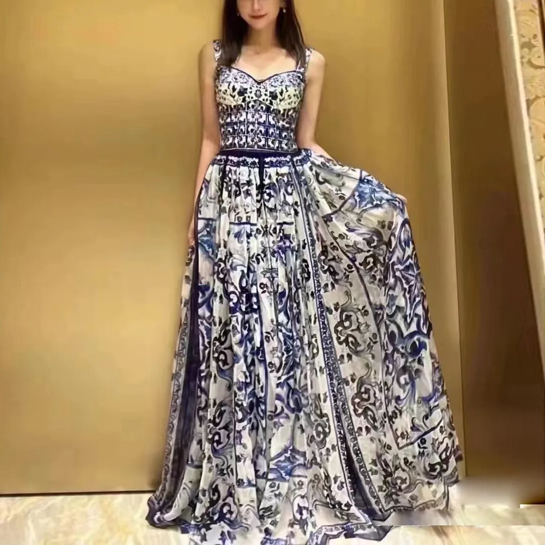 Snygg klänning för kvinnor med blommig tryckt hopsamlad midja Ärmlös FitFlare Cami-klänning