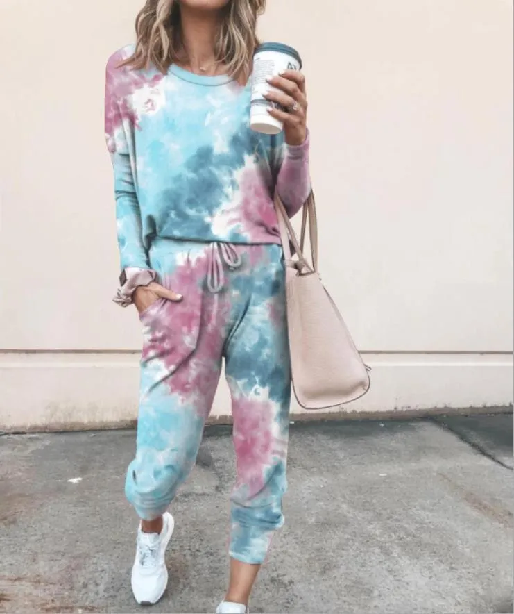 Suits-survêtements pour femmes 2 pièces Clthoes Femmes Sweins Sweins Sweins Set Casual Tie Dye Impression Pantalon de crampons à manches longues Loungewear