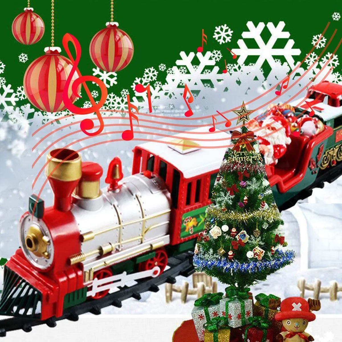 Christmas Toy Supplies Electric Train Set Railway S Racing Track med Music Santa Claus för träddekor Xmas -gåvor 230224