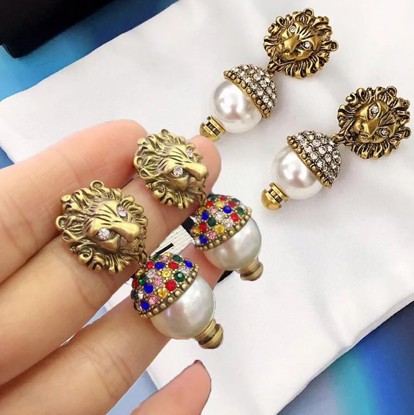 Boucles D'oreilles Tête De Lion - Plaqué Or Avec Perle - Neuf Avec étiquettes