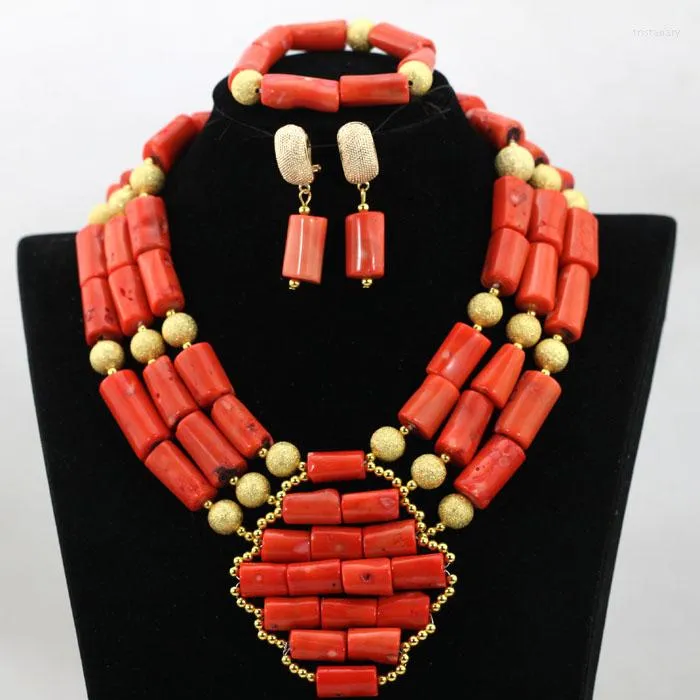 Collana Orecchini Set Amazing Wedding Coral Bavaglino Statement 2023 Tradizionale placcato africano Asoebi CNR520