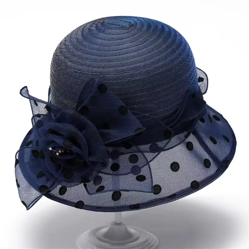 السيدات الفرنسيين أعلى قبعة الإناث الزهور البريطانية للسيدات راقية قبعة موجة النقطة الأورجانزا الجديدة القبعة الأنيقة الأجنبية الصياد