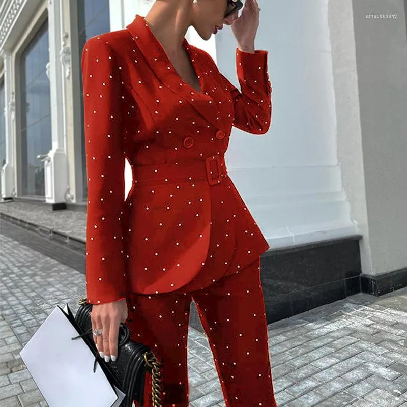 Damen Zweiteilige Hose Damen Business Formal Party Outfit Frühling Herbst Mode Polka Dot Bürohose Anzug Dame Elegant Luxus Set