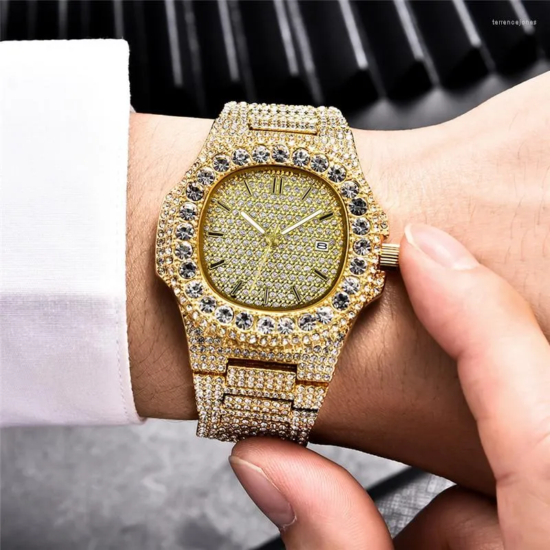 Relojes de pulsera Hip Hop Diamond Watch Moda Hombre Moda Aleación Cinturón Calendario Venta Cuarzo Hombres Relojes Relogio Masculino Drop