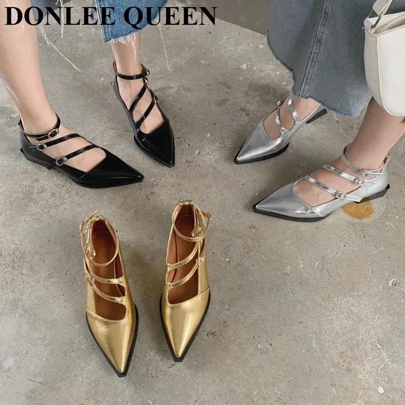 Chaussures de robe 2022 Automne Appartements Femmes Mode Talon épais Bout pointu Boucle Sangle Or Argent Mary Jane Femelle Ballerine Mujer 230224